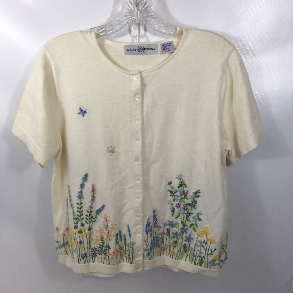 Vintage Marisa Christina S/S 100% Cotton Hand Embroidered Cardigan Shell Buttons